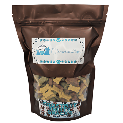 Package of Frostbite Fruity Snacks Dog Treats from Glamorous Pups, featuring a clear viewing window showcasing colorful, bone-shaped treats. The label includes the signature blue and white branding of Glamorous Pups, emphasizing all-natural ingredients and a frosty, fruity theme for a delicious treat experience for dogs.