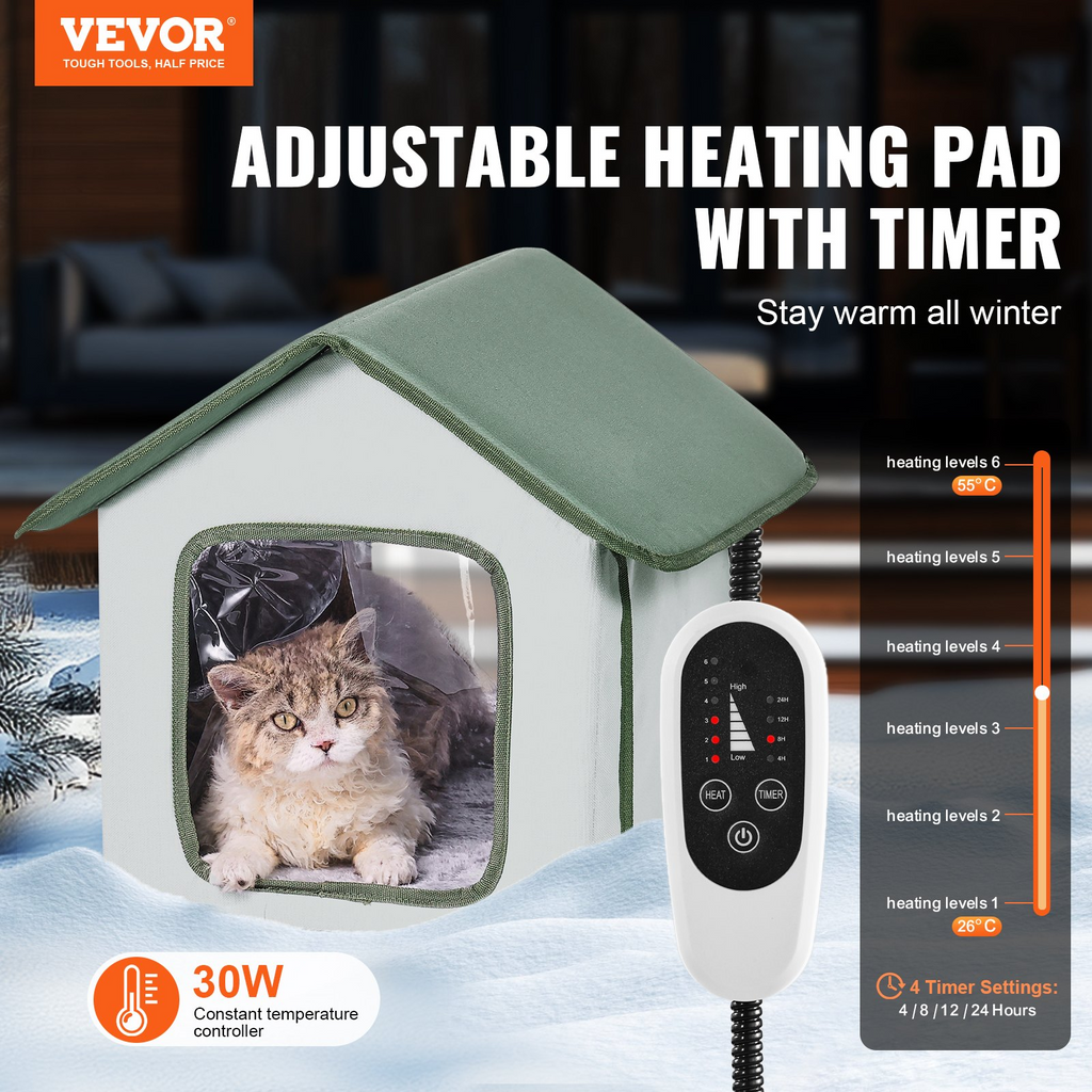 Glamorous Pups : VEVOR Elevated Heated Cat House – Small Outdoor Kitty Shelter with Adjustable Thermostat & Timer | 600D Oxford Cloth Foldable Cat Shelter with Heated Pad (Green)