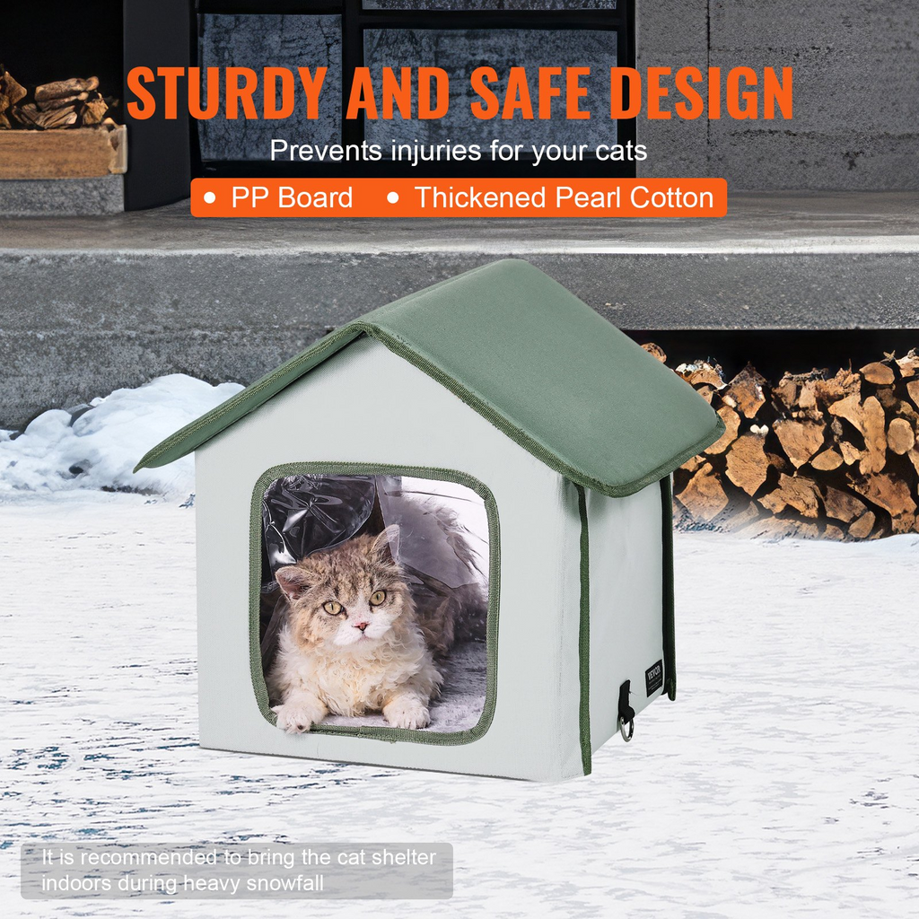 Glamorous Pups : VEVOR Elevated Heated Cat House – Small Outdoor Kitty Shelter with Adjustable Thermostat & Timer | 600D Oxford Cloth Foldable Cat Shelter with Heated Pad (Green)