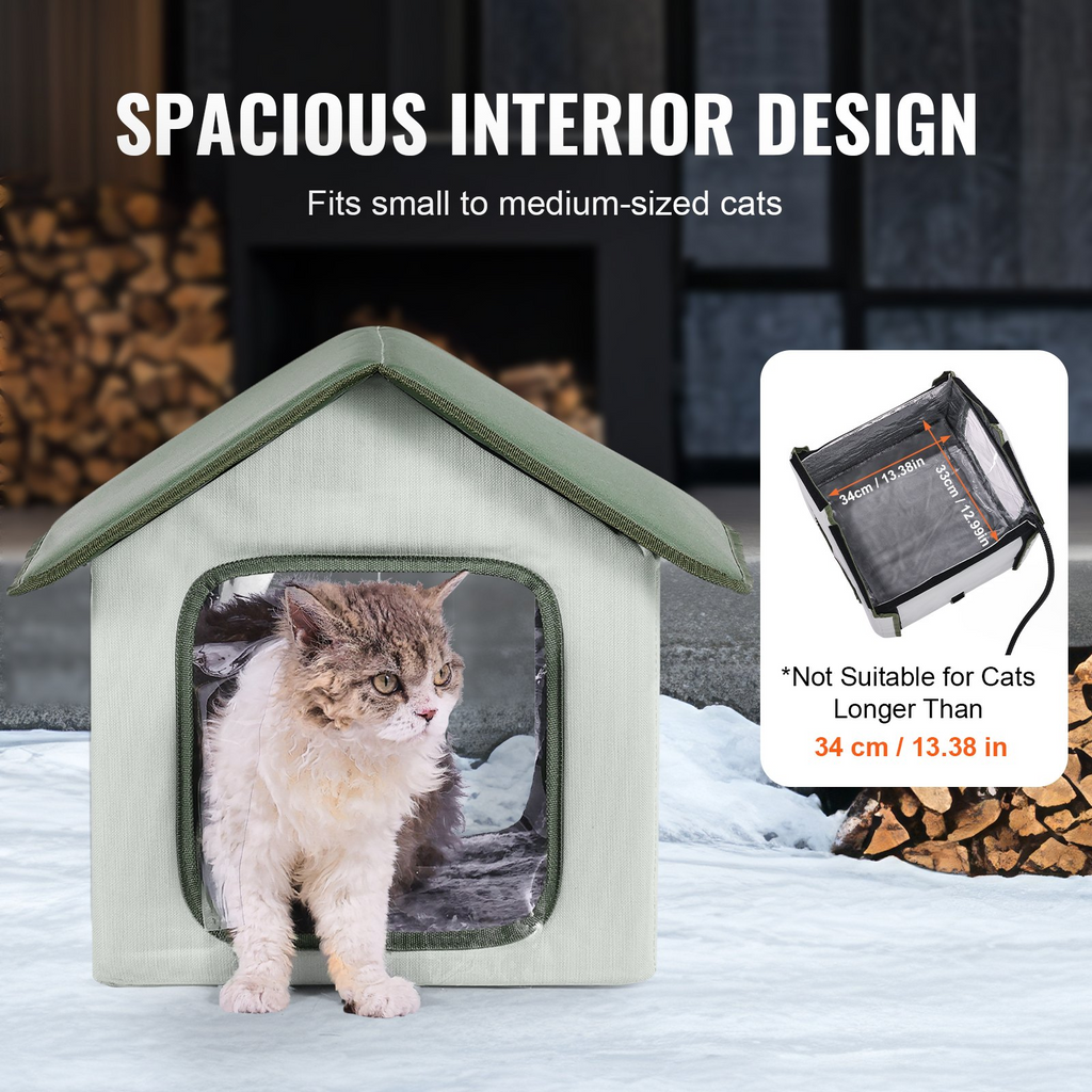 Glamorous Pups : VEVOR Elevated Heated Cat House – Small Outdoor Kitty Shelter with Adjustable Thermostat & Timer | 600D Oxford Cloth Foldable Cat Shelter with Heated Pad (Green)