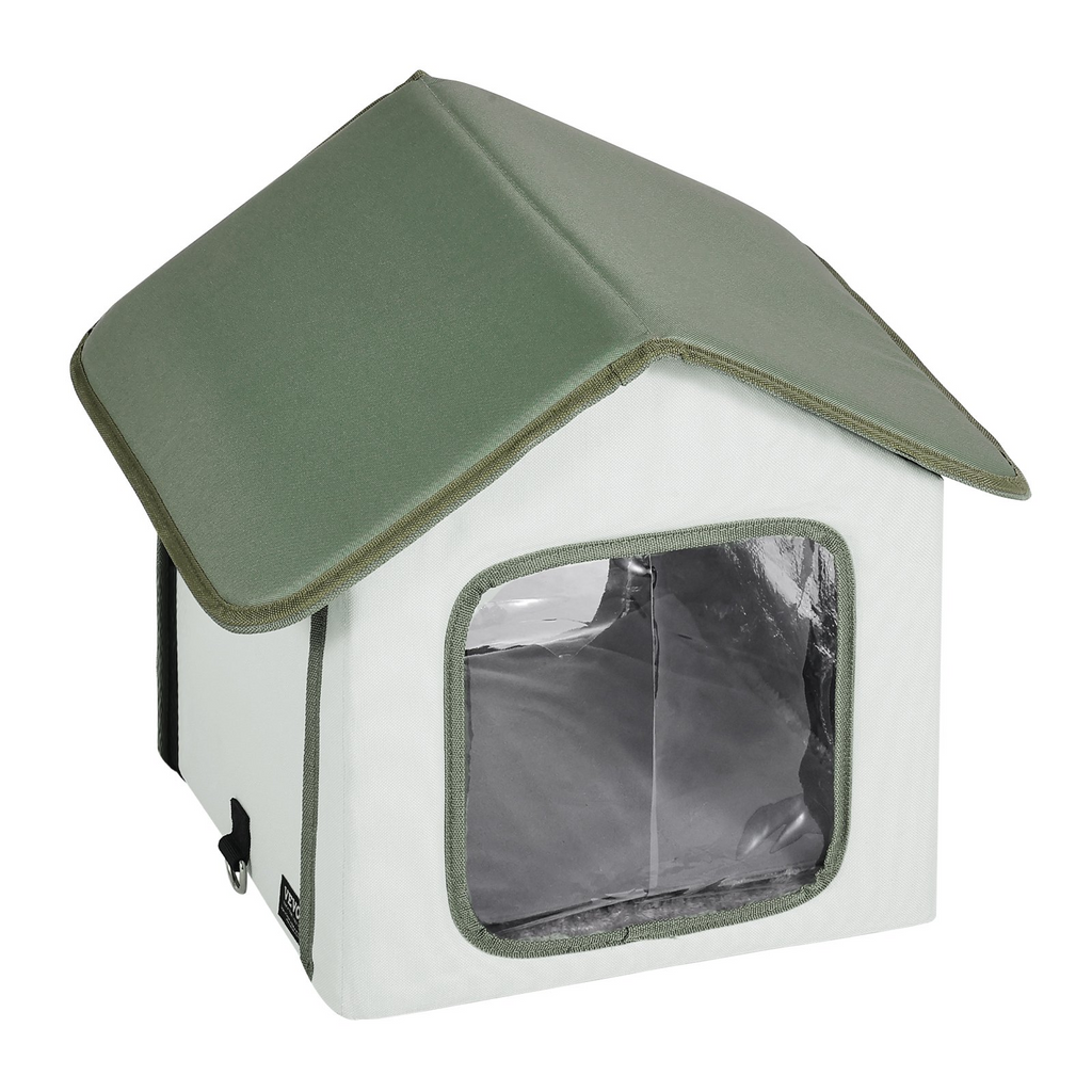 Glamorous Pups : VEVOR Elevated Heated Cat House – Small Outdoor Kitty Shelter with Adjustable Thermostat & Timer | 600D Oxford Cloth Foldable Cat Shelter with Heated Pad (Green)