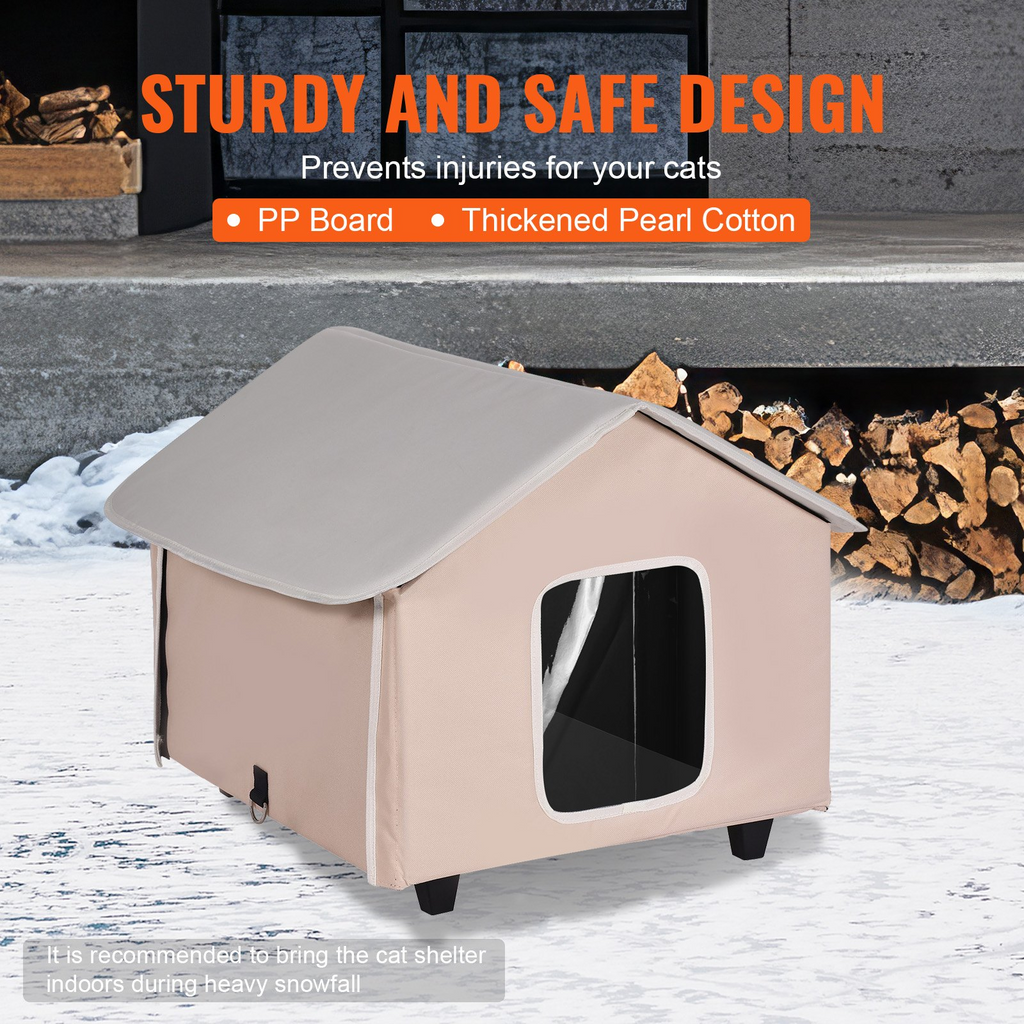 Glamorous Pups : VEVOR Elevated Heated Cat House – Medium Outdoor Kitty Shelter with Adjustable Thermostat & Timer | 600D Oxford Cloth Foldable Cat Shelter with Heated Pad (Coffee Brown)