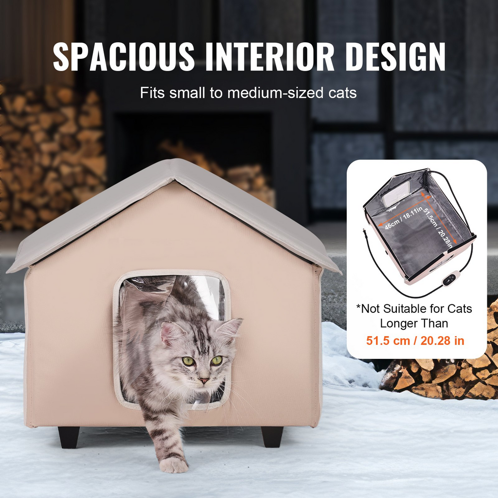 Glamorous Pups : VEVOR Elevated Heated Cat House – Medium Outdoor Kitty Shelter with Adjustable Thermostat & Timer | 600D Oxford Cloth Foldable Cat Shelter with Heated Pad (Coffee Brown)