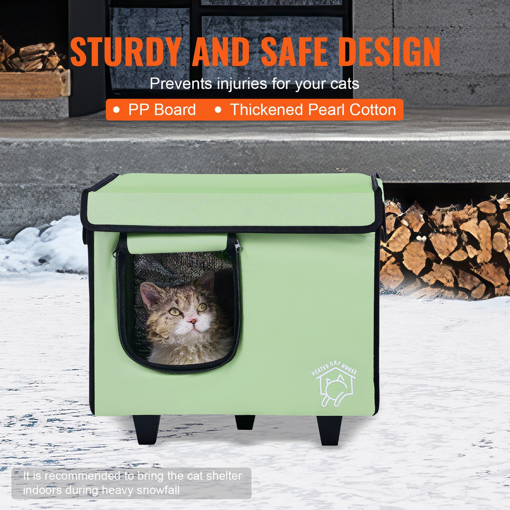 Glamorous Pups : VEVOR Elevated Heated Cat House – Small Foldable 900D Oxford Cloth Kitty Shelter with Adjustable Temperature & Timer | Warm Winter Cat Bed for Indoor & Outdoor Use (Green)