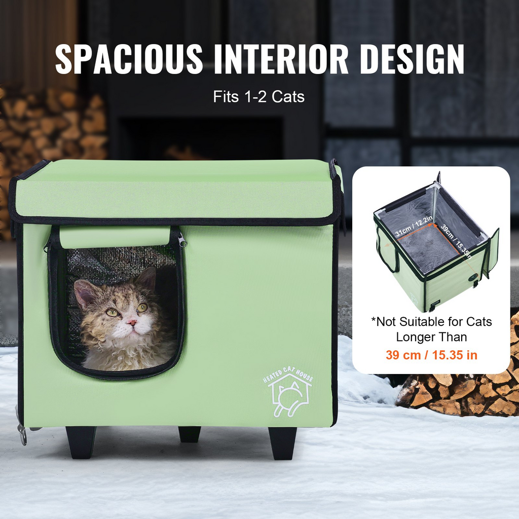 Glamorous Pups : VEVOR Elevated Heated Cat House – Small Foldable 900D Oxford Cloth Kitty Shelter with Adjustable Temperature & Timer | Warm Winter Cat Bed for Indoor & Outdoor Use (Green)