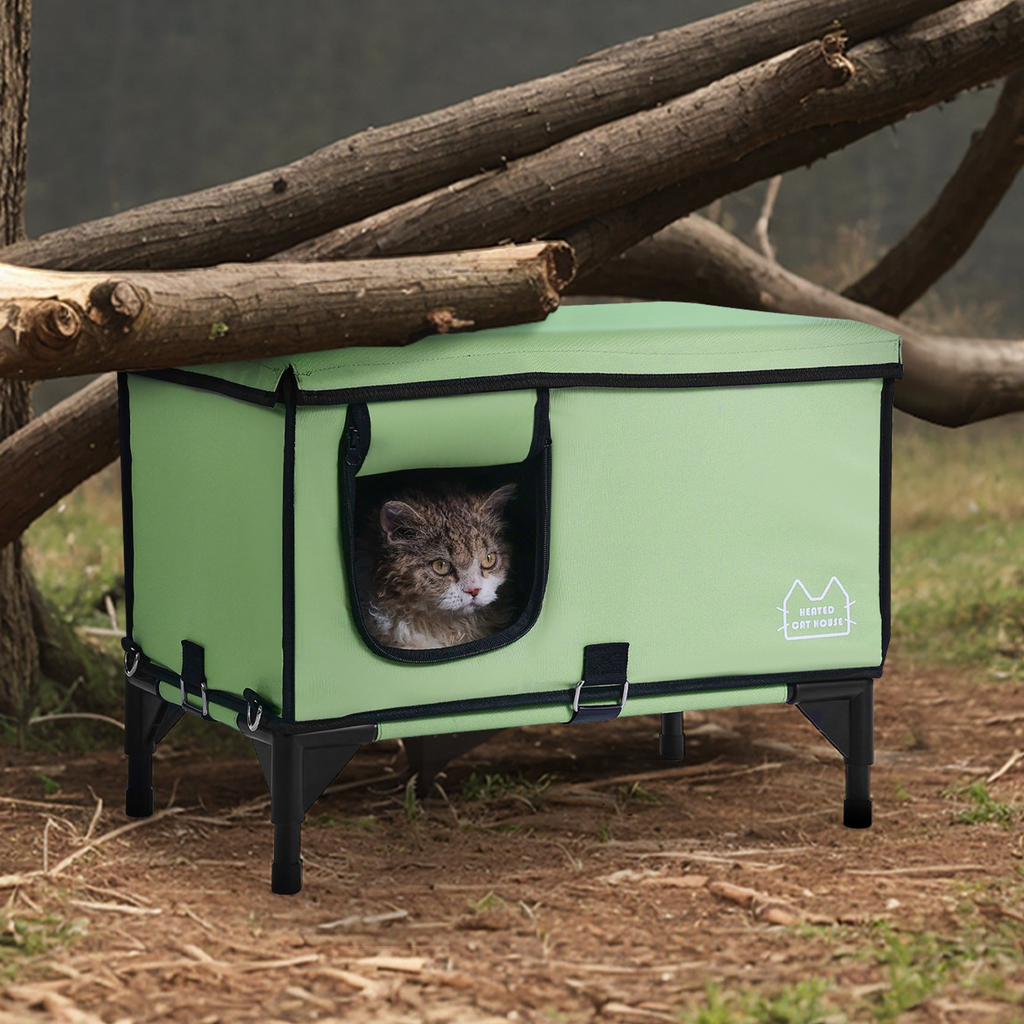 Glamorous Pups : VEVOR Elevated Heated Cat House – Large Foldable 900D Oxford Cloth Kitty Shelter with Adjustable Temperature & Timer | Waterproof Winter Cat Bed with Removable Bottom Cot (Green)