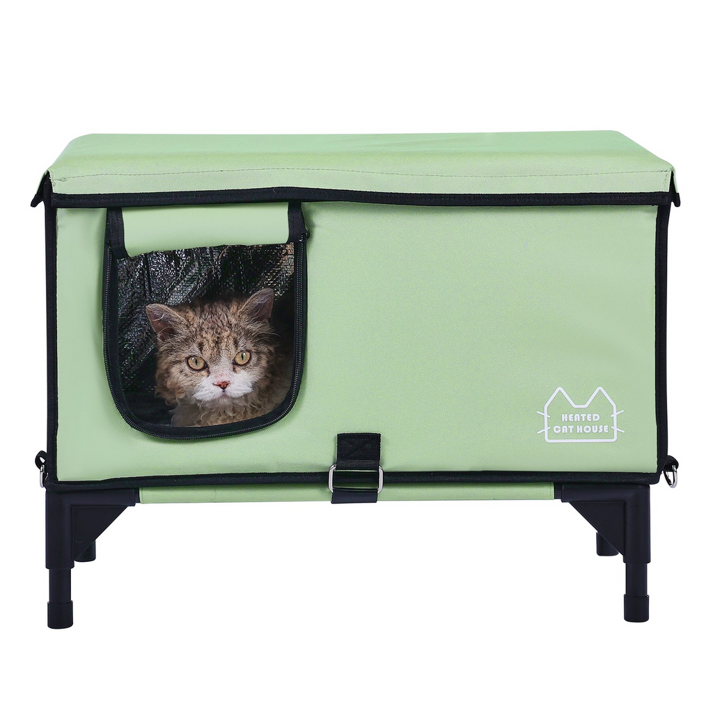 Glamorous Pups : VEVOR Elevated Heated Cat House – Large Foldable 900D Oxford Cloth Kitty Shelter with Adjustable Temperature & Timer | Waterproof Winter Cat Bed with Removable Bottom Cot (Green)