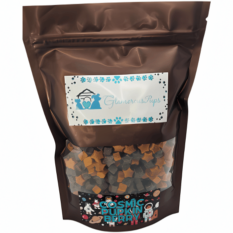 Packaging image for Cosmic Pupkin Berry Dog Treats by Glamorous Pups, showcasing a 1-pound bag. The design features a transparent viewing window, revealing the colorful star-shaped and cube treats inside, complemented by a stylish label with teal floral patterns, reinforcing the brand's commitment to quality and appeal in the pet treats market.