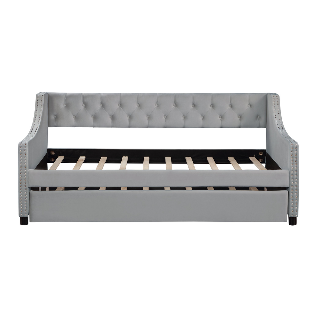 Glamorous Pups : Twin Size Upholstered Daybed with Trundle,Sturdy Wood Bedframe w/ Bedframe Tufted Button & Copper Nail on Arms Design,Perfect for Bedroom,Guest Room Furniture,No Box Spring Needed