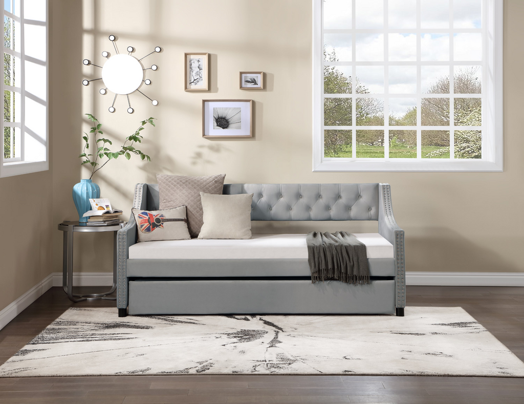 Glamorous Pups : Twin Size Upholstered Daybed with Trundle,Sturdy Wood Bedframe w/ Bedframe Tufted Button & Copper Nail on Arms Design,Perfect for Bedroom,Guest Room Furniture,No Box Spring Needed