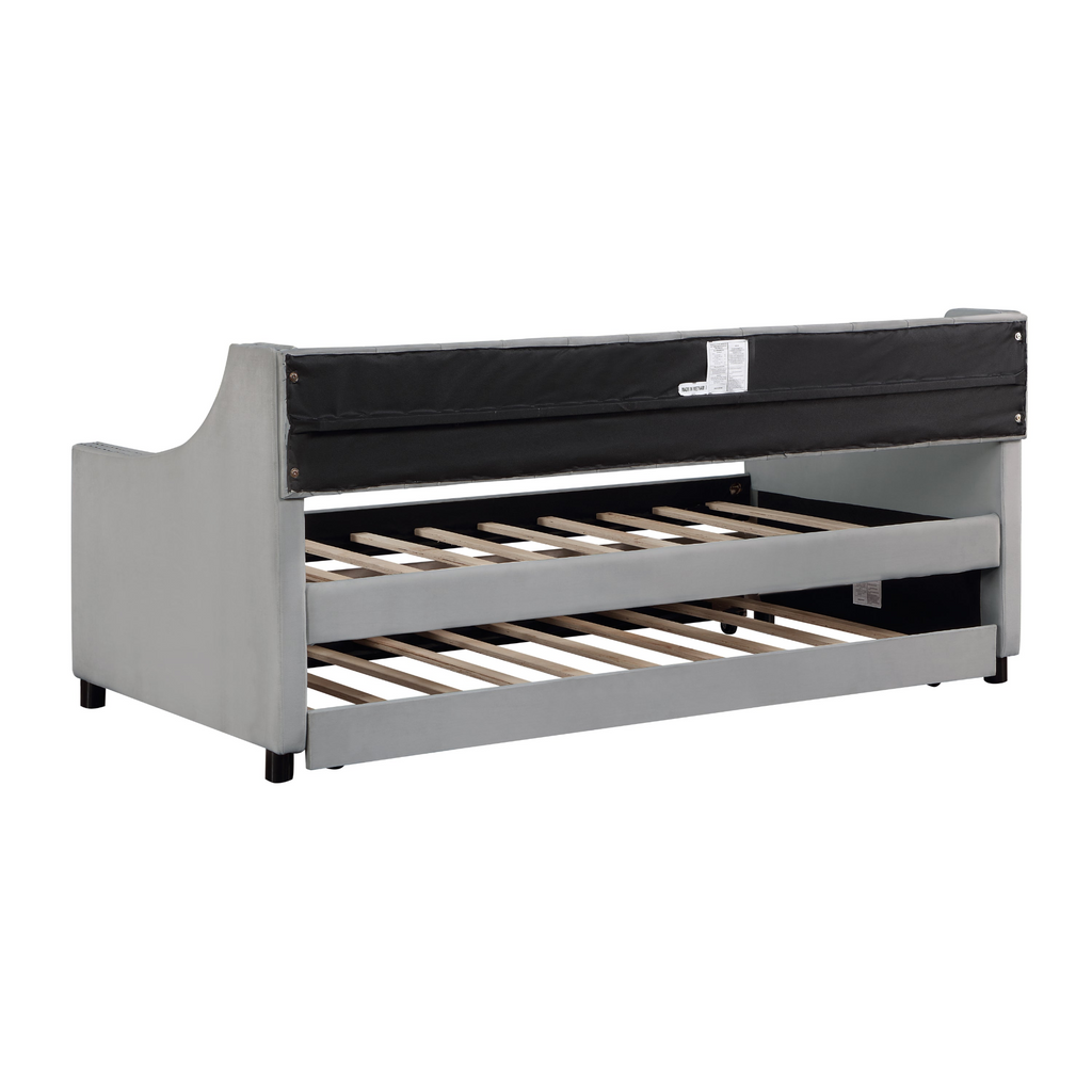 Glamorous Pups : Twin Size Upholstered Daybed with Trundle,Sturdy Wood Bedframe w/ Bedframe Tufted Button & Copper Nail on Arms Design,Perfect for Bedroom,Guest Room Furniture,No Box Spring Needed