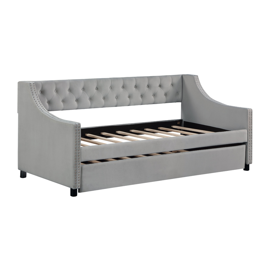 Glamorous Pups : Twin Size Upholstered Daybed with Trundle,Sturdy Wood Bedframe w/ Bedframe Tufted Button & Copper Nail on Arms Design,Perfect for Bedroom,Guest Room Furniture,No Box Spring Needed