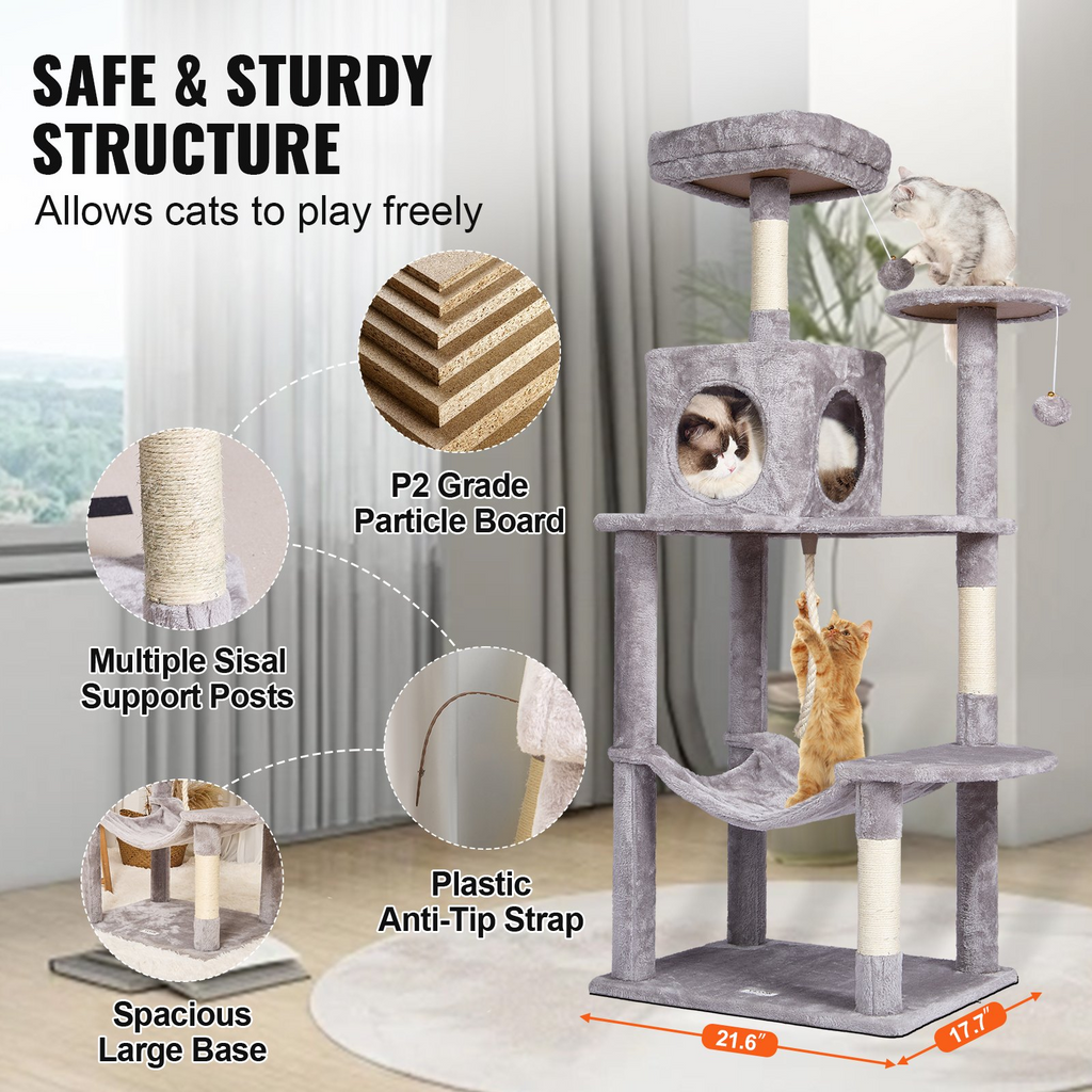 Glamorous Pups : VEVOR 56.2” Cat Tree Tower | Multi-Level Indoor Cat Furniture with Condo, Hammock, Top Perch & Sisal Scratching Posts – Light Grey