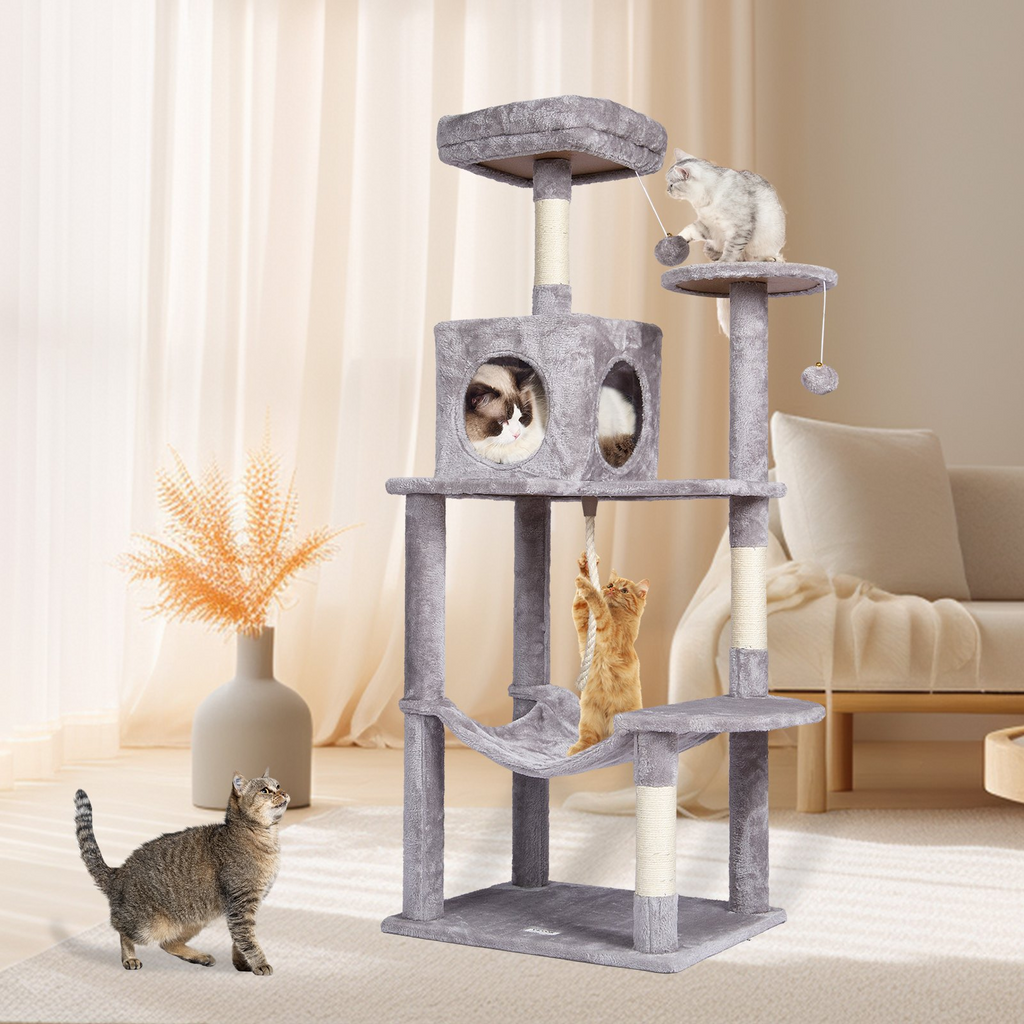 Glamorous Pups : VEVOR 56.2” Cat Tree Tower | Multi-Level Indoor Cat Furniture with Condo, Hammock, Top Perch & Sisal Scratching Posts – Light Grey