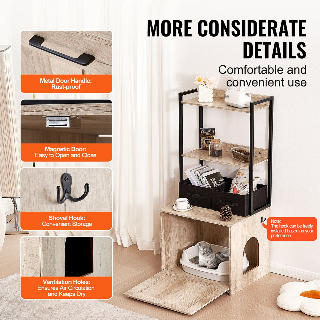 Glamorous Pups : VEVOR Cat Litter Box Enclosure | Hidden Litter Box Furniture with 2 Storage Shelves & 2 Baskets | Wooden Cat Washroom Indoor Cabinet, 23.6"L x 19.7"W x 50"H, Natural