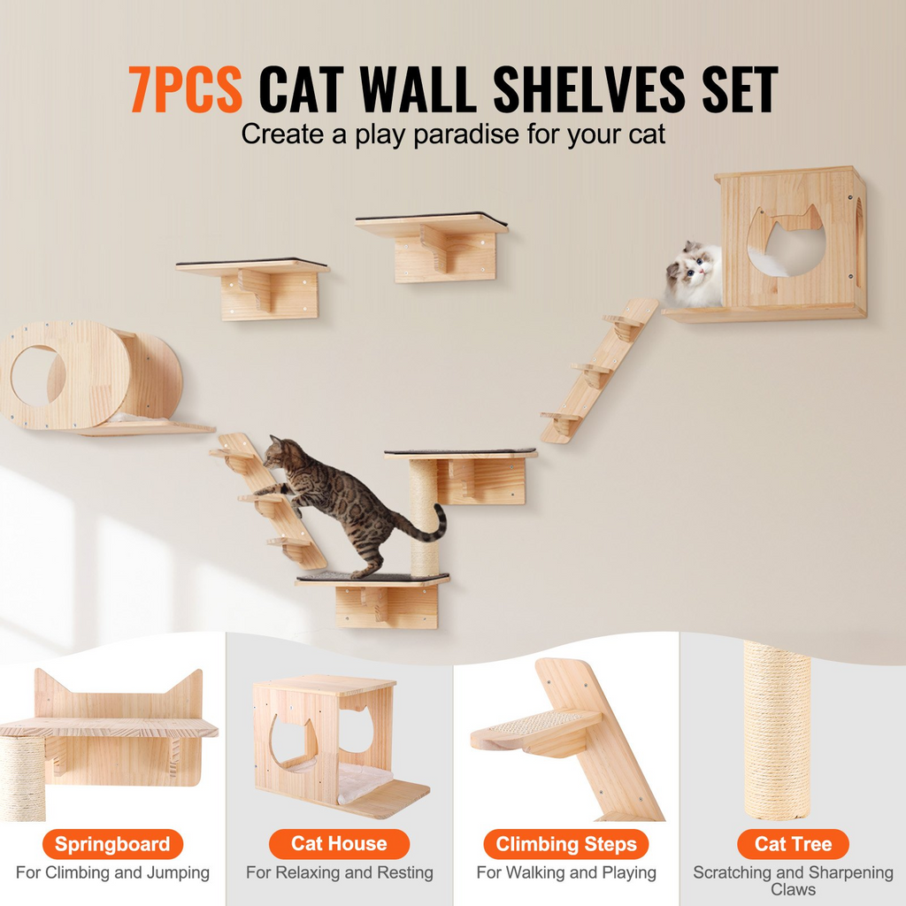 Glamorous Pups : VEVOR 7-Piece Wall Mounted Cat Shelves Set | Cat Wall Furniture with Beds, Hammocks, Jump Boards & Cat Tree – Space-Saving Activity Center up to 40 lbs