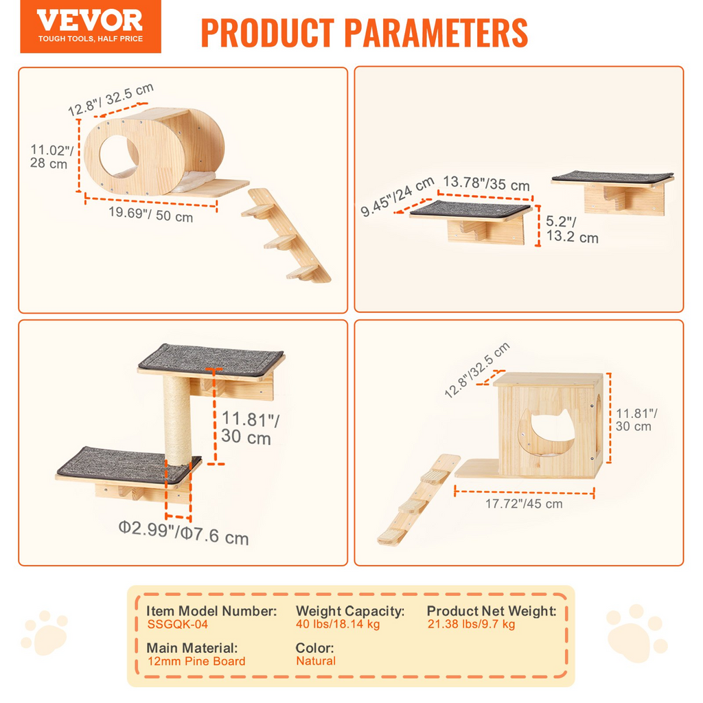 Glamorous Pups : VEVOR 7-Piece Wall Mounted Cat Shelves Set | Cat Wall Furniture with Beds, Hammocks, Jump Boards & Cat Tree – Space-Saving Activity Center up to 40 lbs