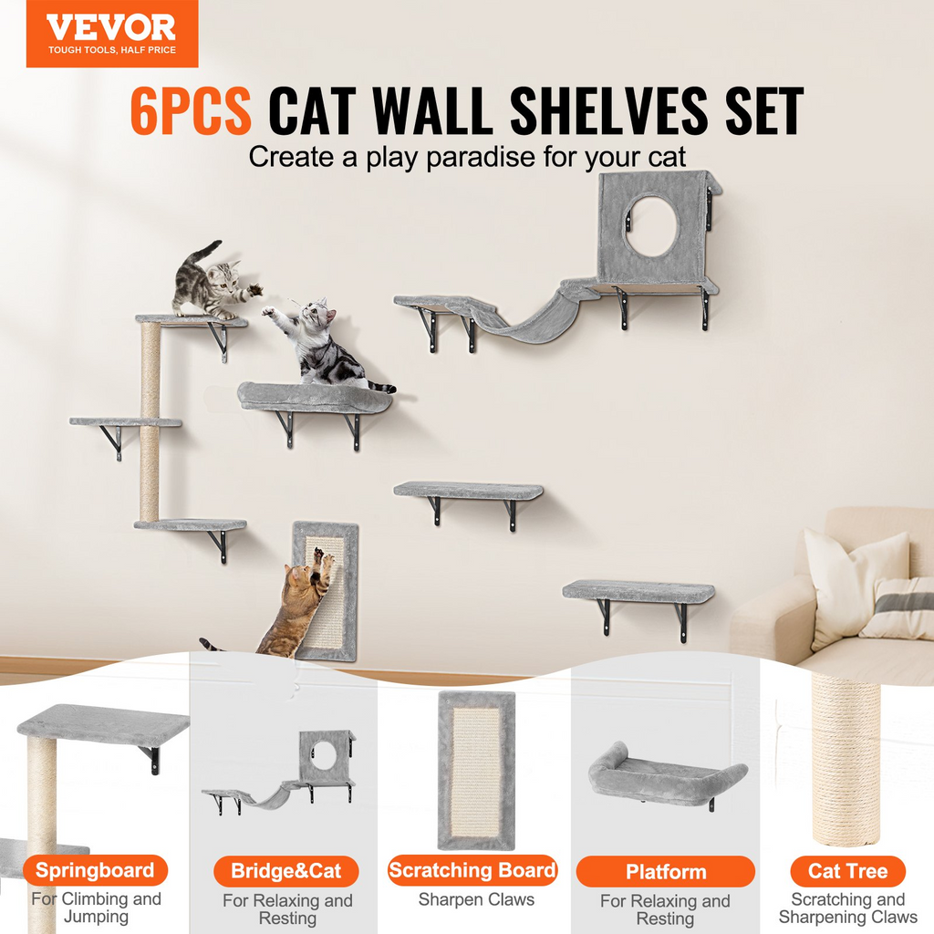 Glamorous Pups : VEVOR 6-Piece Wall Mounted Cat Shelves Set | Multi-Level Wall Cat Furniture with Hammock, Sofa, Jump Platforms, Tree Posts & Scratch Board – Natural Finish, 40 lbs Capacity