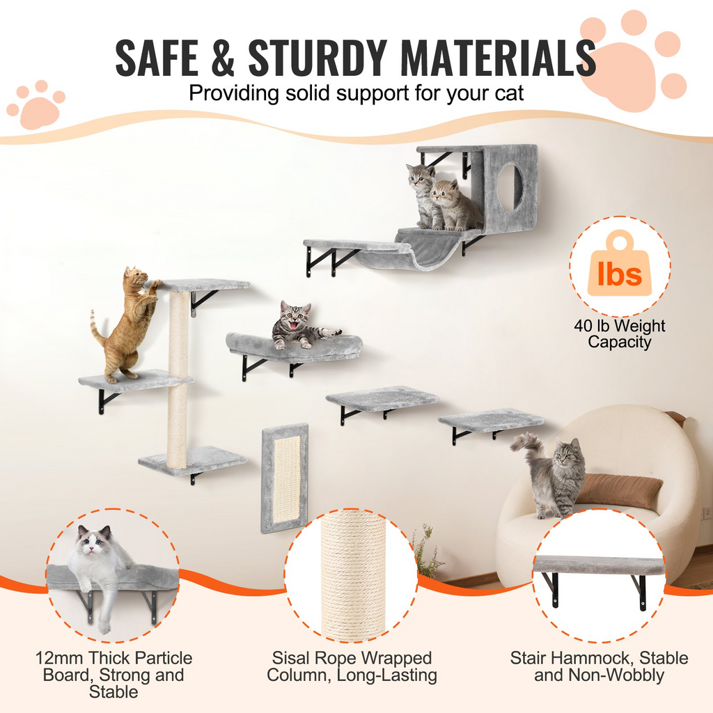 Glamorous Pups : VEVOR 6-Piece Wall Mounted Cat Shelves Set | Multi-Level Wall Cat Furniture with Hammock, Sofa, Jump Platforms, Tree Posts & Scratch Board – Natural Finish, 40 lbs Capacity