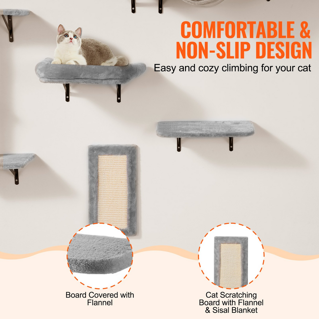 Glamorous Pups : VEVOR 6-Piece Wall Mounted Cat Shelves Set | Multi-Level Wall Cat Furniture with Hammock, Sofa, Jump Platforms, Tree Posts & Scratch Board – Natural Finish, 40 lbs Capacity