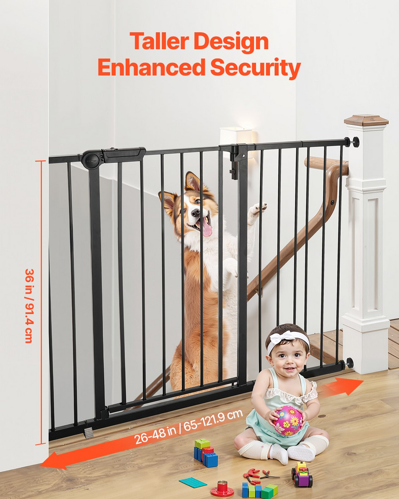 Baby gate with a child and dog behind it, labeled 'Taller Design Enhanced Security'.