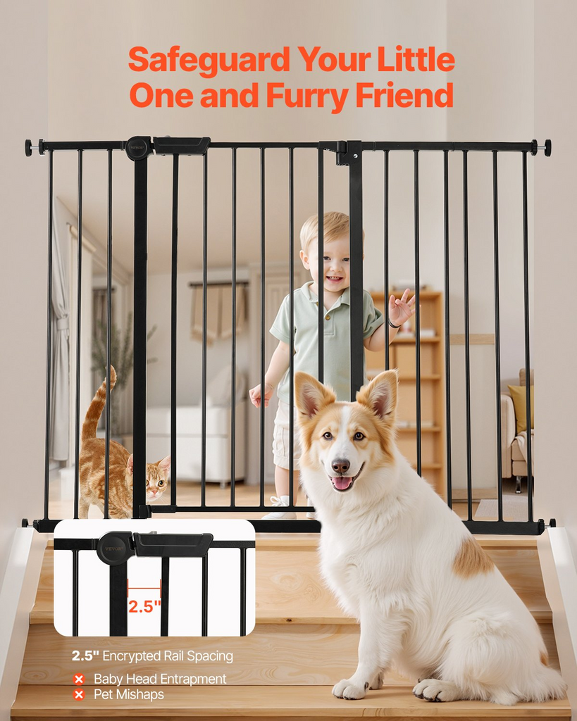 Child, dog, and cat behind a black metal gate with safety features highlighted.