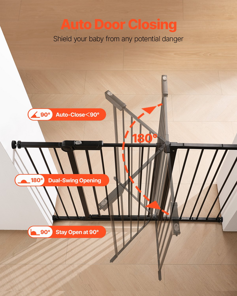 Black baby gate with features highlighted on a wooden floor and wall background