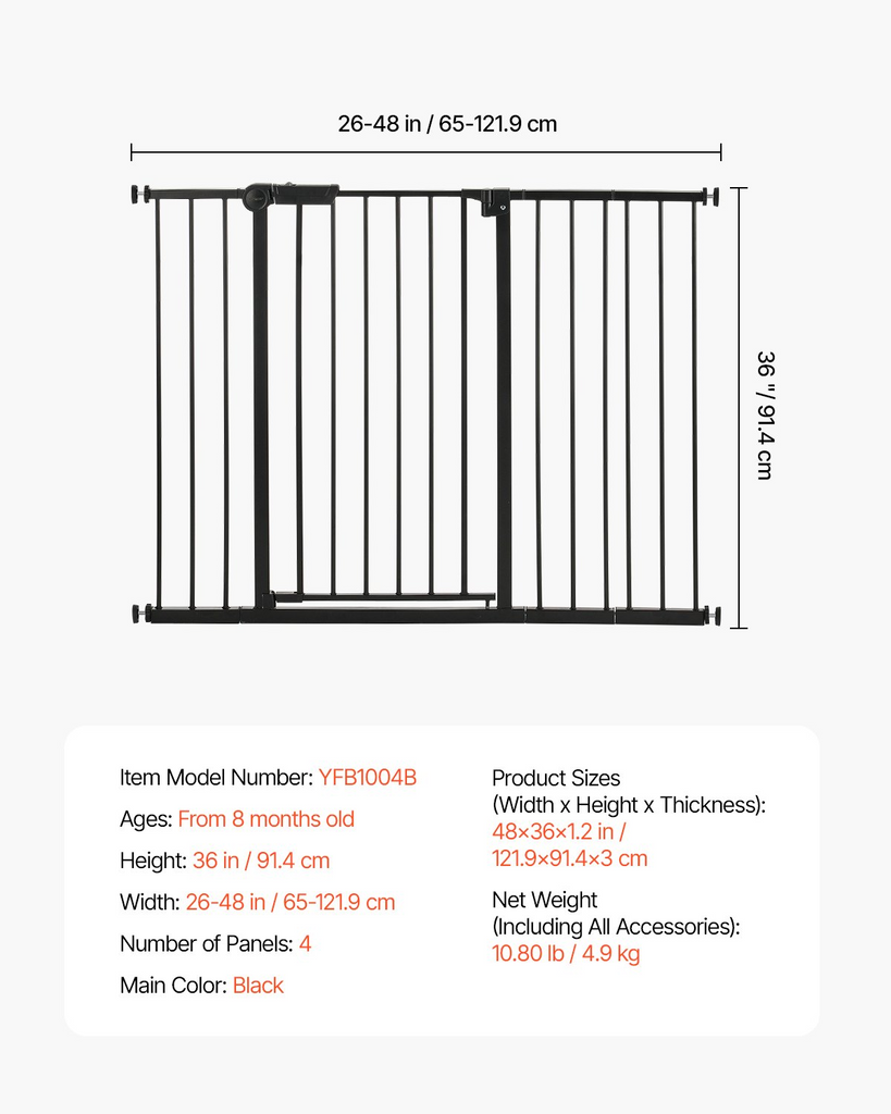 Black metal gate with dimensions and product details on a white background