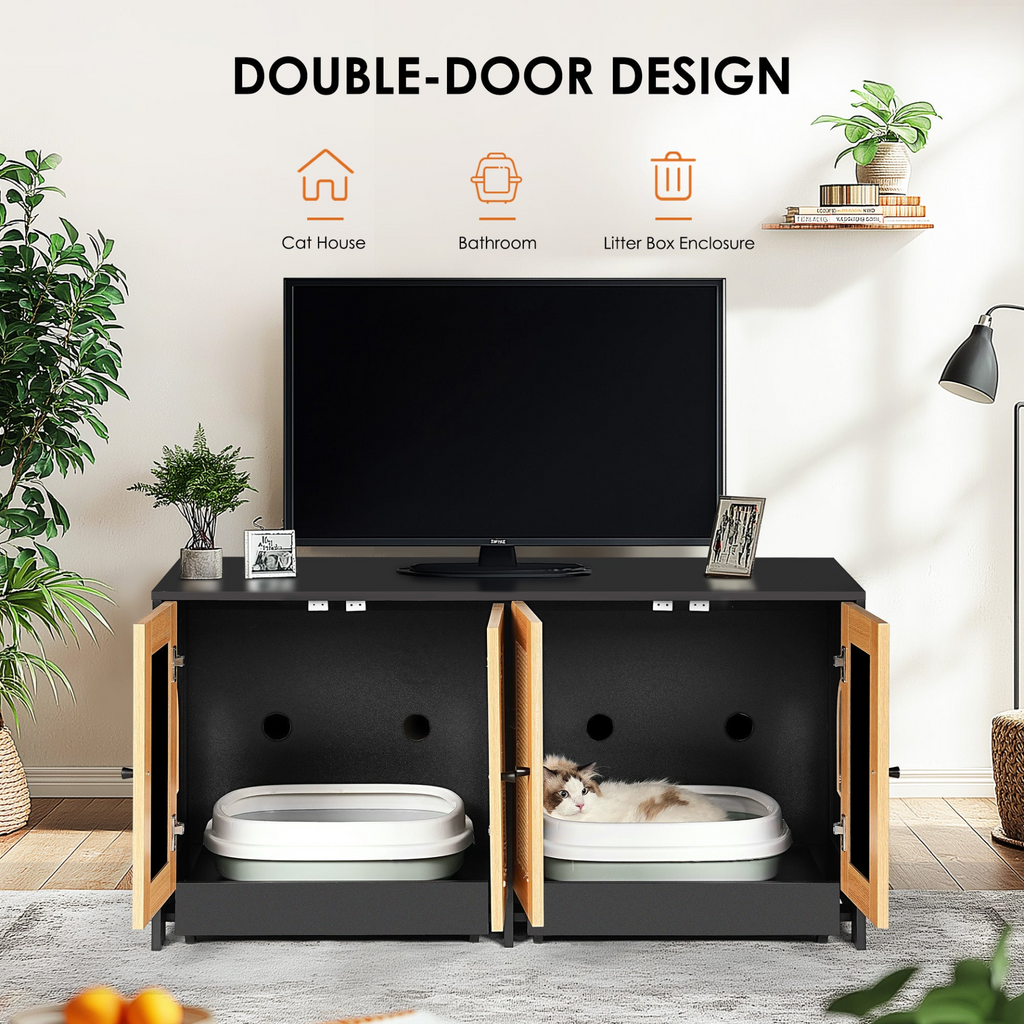 Glamorous Pups : Double Litter Box Enclosure,Cat Litter Box Enclosure for 2 Cats, Hidden Litter Box Furniture with Rattan Doors, 47' L x 19.8' W x 21.8' H,Black