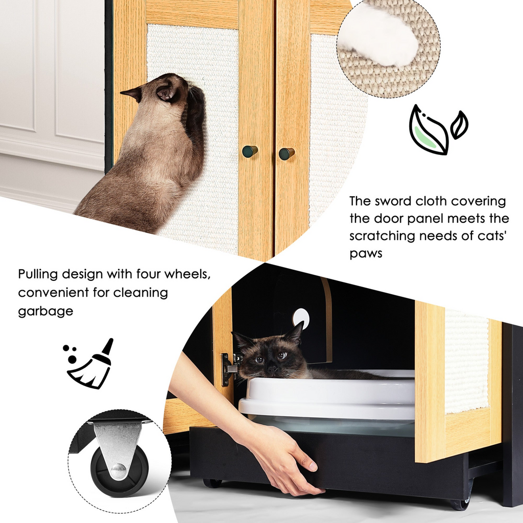 Glamorous Pups : Double Litter Box Enclosure,Cat Litter Box Enclosure for 2 Cats, Hidden Litter Box Furniture with Rattan Doors, 47' L x 19.8' W x 21.8' H,Black