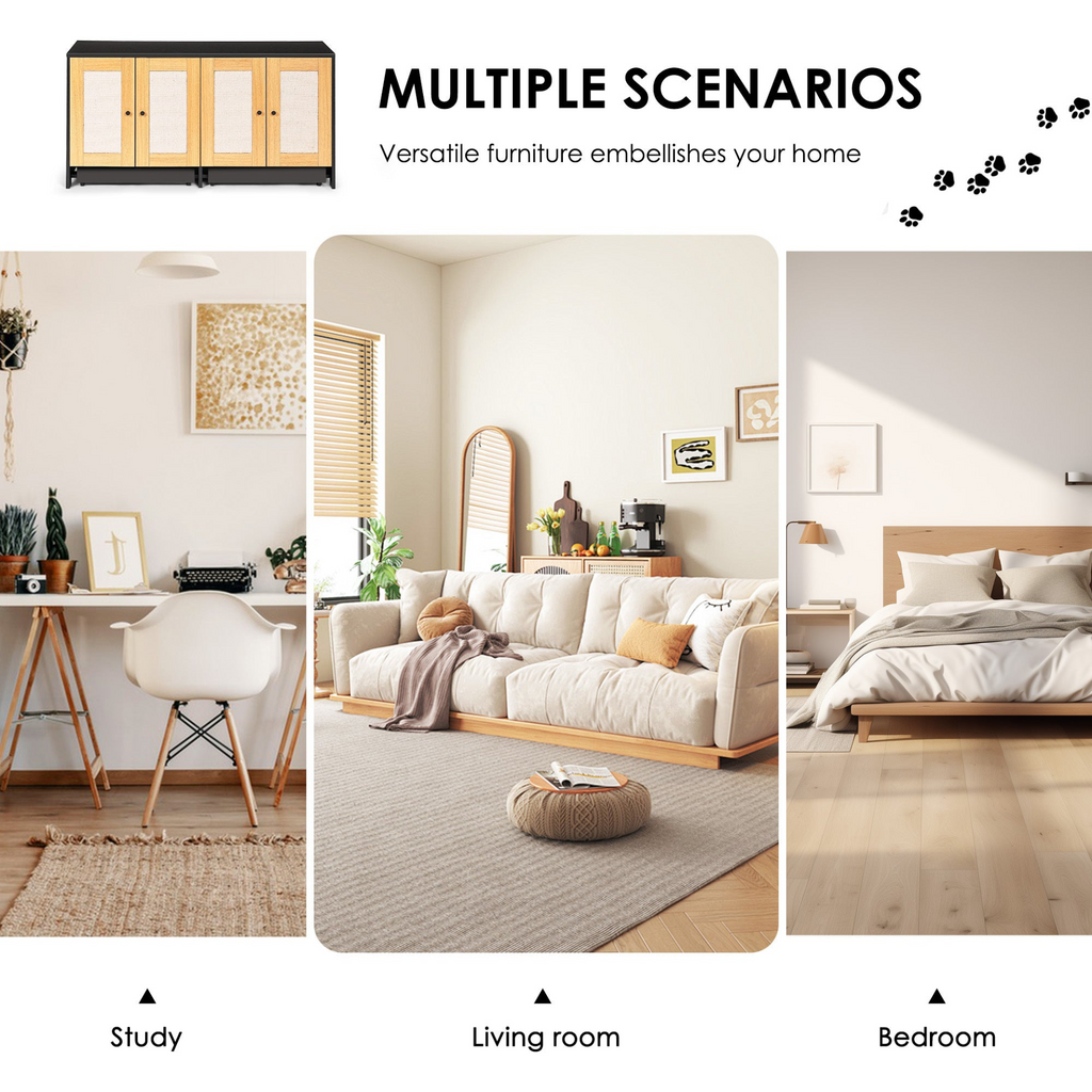 Glamorous Pups : Double Litter Box Enclosure,Cat Litter Box Enclosure for 2 Cats, Hidden Litter Box Furniture with Rattan Doors, 47' L x 19.8' W x 21.8' H,Black