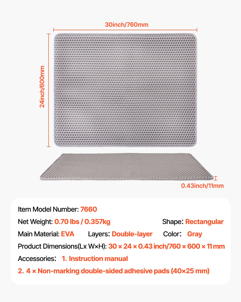 Glamorous Pups : VEVOR Cat Litter Mat – 30" x 24" Double-Layer Honeycomb Design | Non-Slip, Urine-Proof & Washable Litter Trapping Mat for Indoor Cats (Gray)