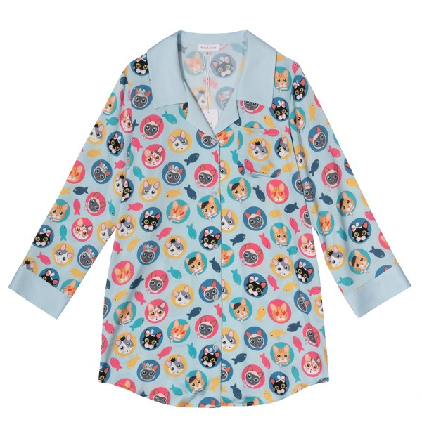 Glamorous Pups : Cat Print Blue Sleep Shirt | Silky Satin Button-Up Pajama Top for Cat Lovers 💙🐾😴
