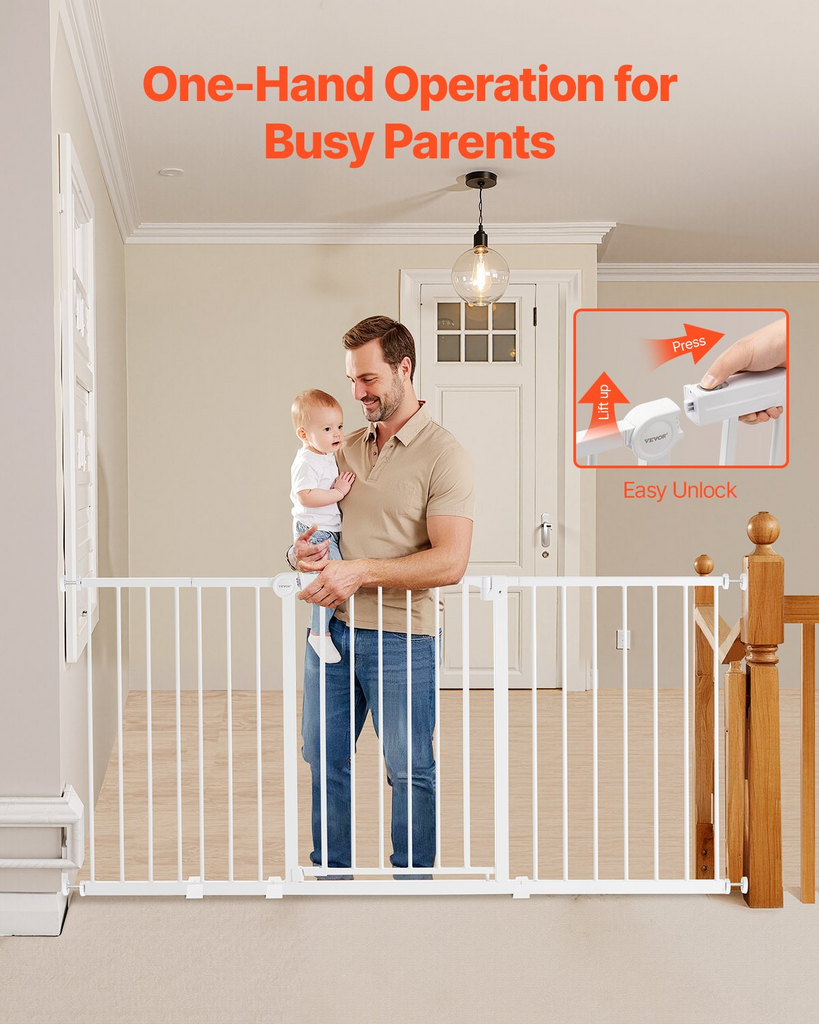 Man holding a baby next to a baby gate with text 'One-Hand Operation for Busy Parents' and 'Easy Unlock' on a white wall background.