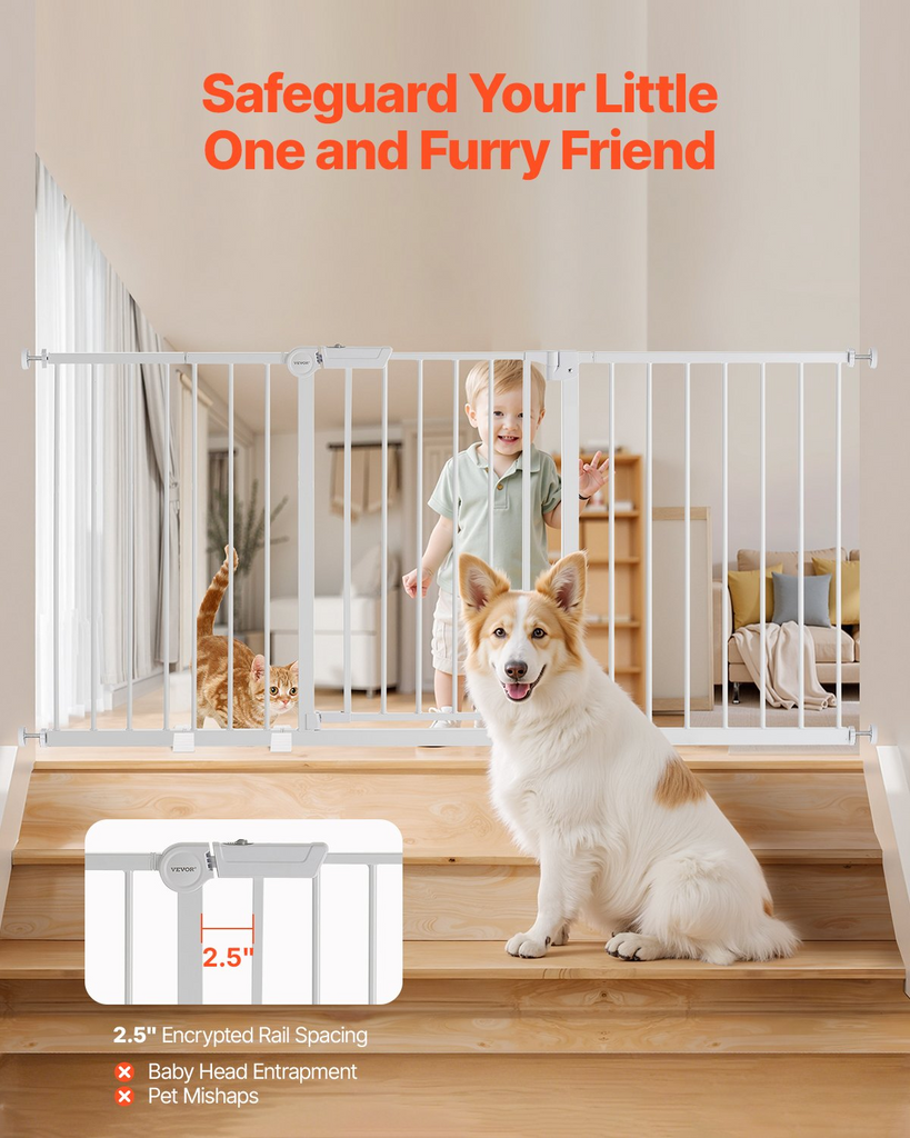 Baby gate with a child and dog in a home setting, emphasizing safety.