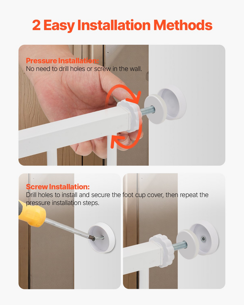 Two methods for installing a foot cup cover with pressure and screw installation techniques.