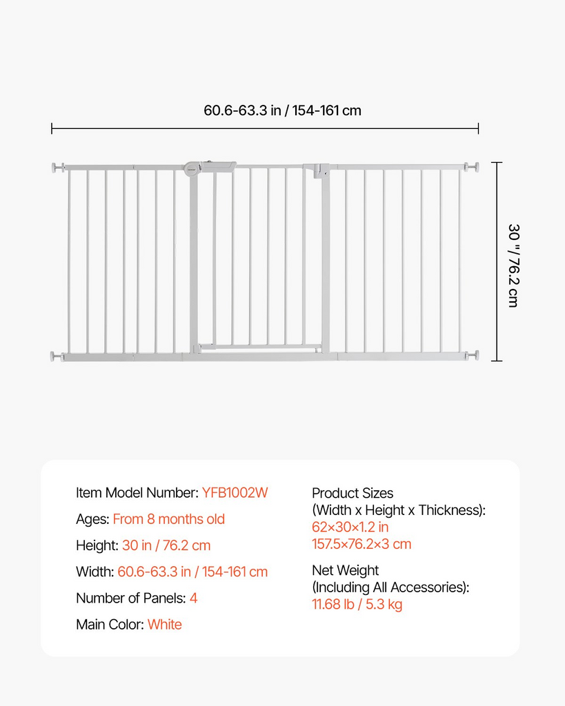 Measurement chart of a baby gate with dimensions and product details.