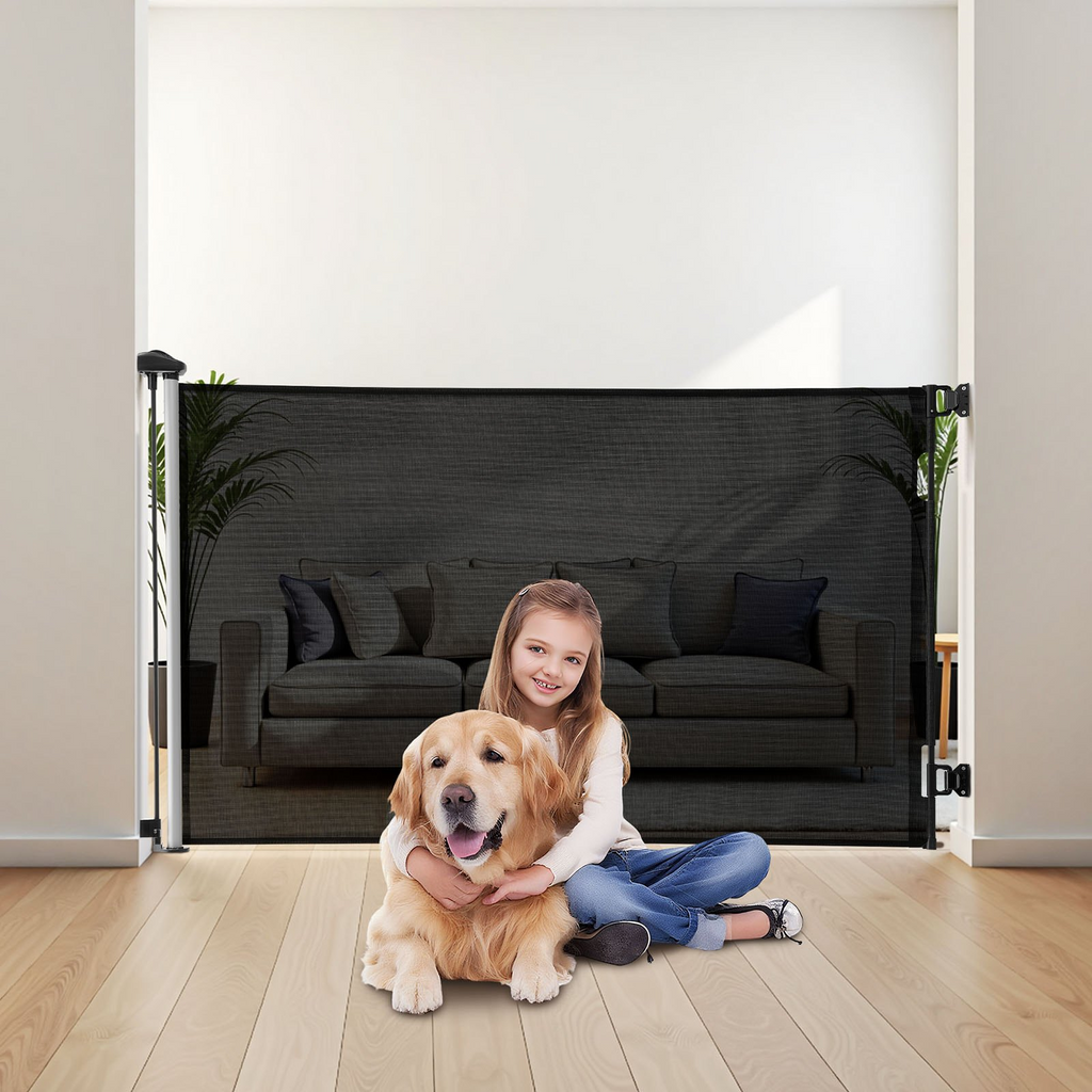 Glamorous Pups : VEVOR Retractable Baby & Pet Gate | 57” Wide x 38.5” Tall Mesh Safety Gate with Security Lock – No-Trip Design for Stairs, Hallways & Doorways, Indoor/Outdoor Use (Black)