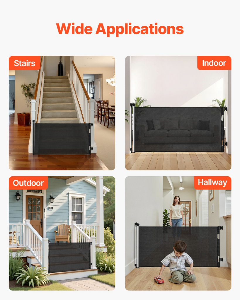Glamorous Pups : VEVOR Retractable Baby & Pet Safety Gate | 56.3” Wide x 31.3” Tall – Black Mesh Barrier with Security Lock, No-Trip Walkthrough, Indoor/Outdoor Use