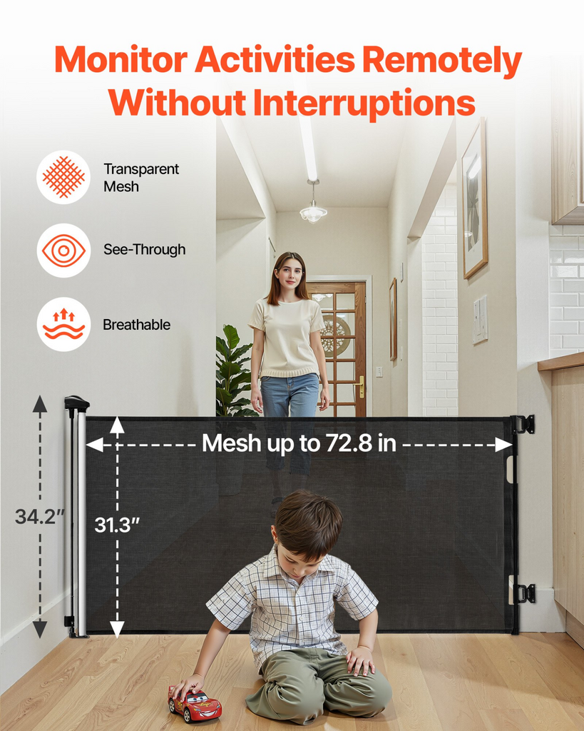 Glamorous Pups : VEVOR Retractable Baby & Pet Gate | 72.8” Wide x 31.3” Tall Mesh Safety Barrier with Security Lock – No-Trip Walkthrough for Stairs, Hallways & Doorways (Black)