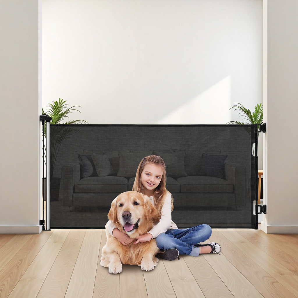 Glamorous Pups : VEVOR Retractable Baby & Pet Gate | 72.8” Wide x 31.3” Tall Mesh Safety Barrier with Security Lock – No-Trip Walkthrough for Stairs, Hallways & Doorways (Black)