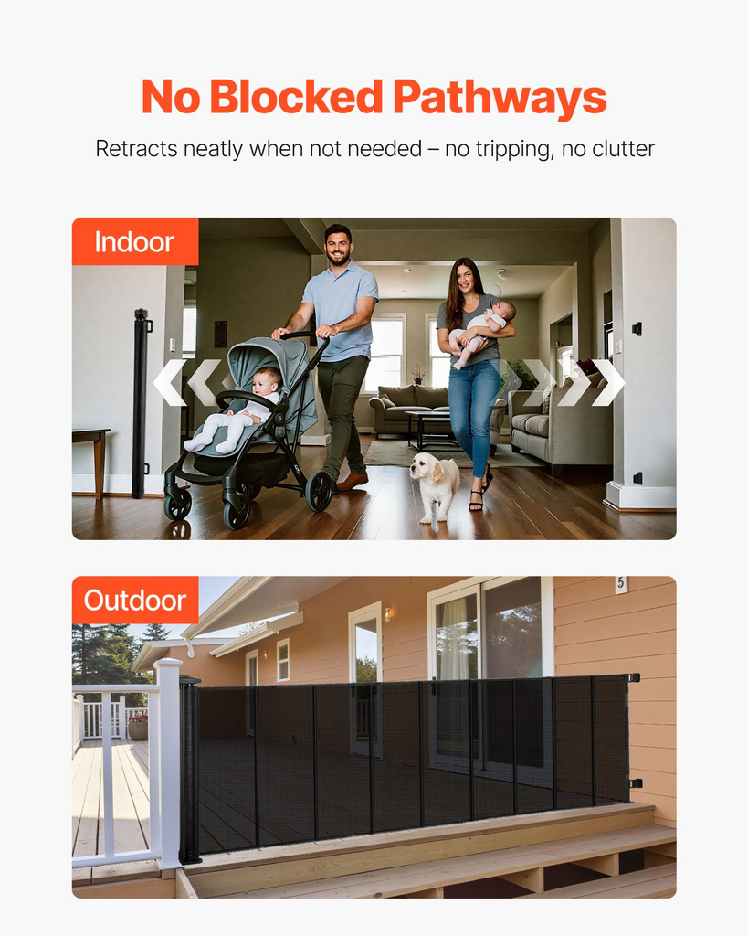 Product advertisement showing a family using a stroller indoors and a retractable screen outdoors.