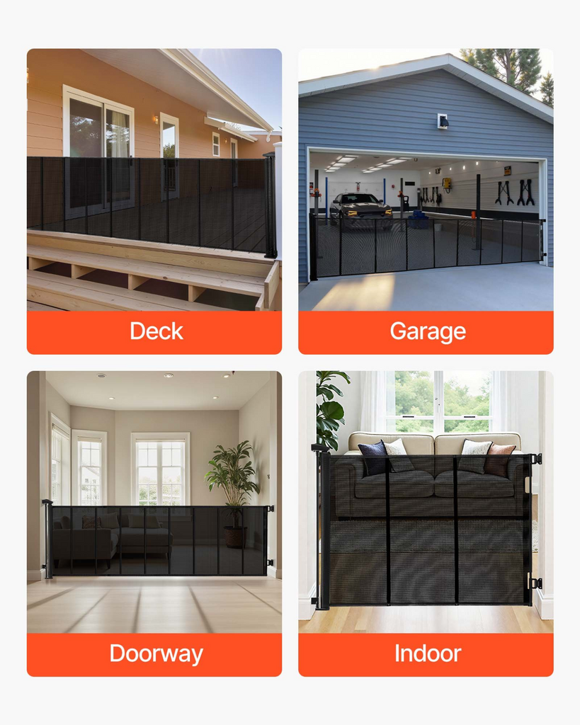 Mesh gate used on deck, garage, doorway, and indoor settings with orange labels.