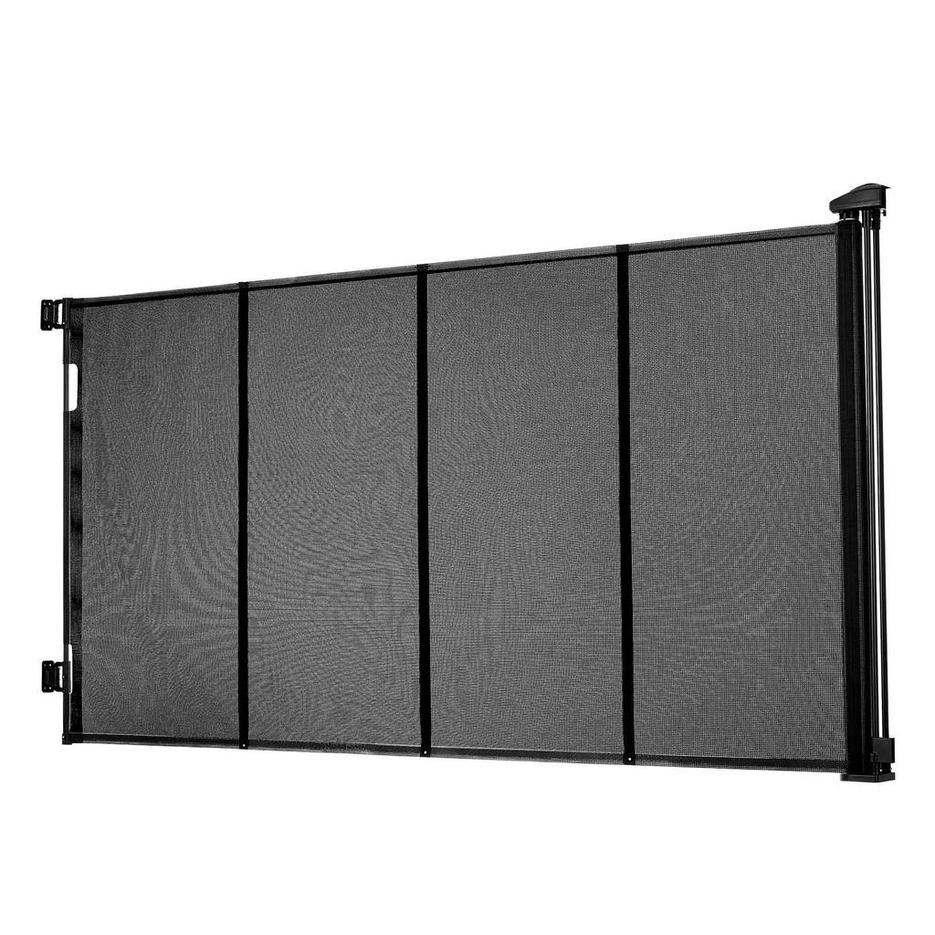 Black metal fence with mesh panels on a white background