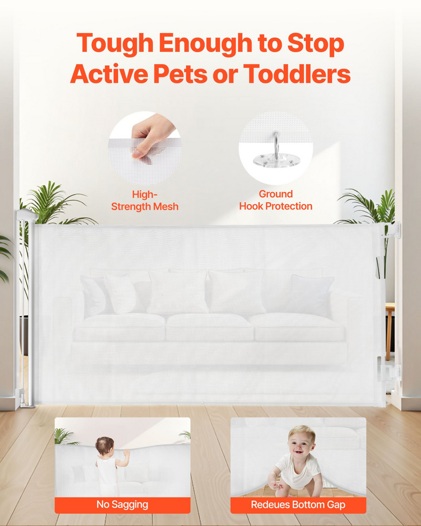 Glamorous Pups : VEVOR Retractable Baby & Pet Safety Gate | 56.3” Wide x 31.3” Tall Mesh Barrier with Security Lock – White