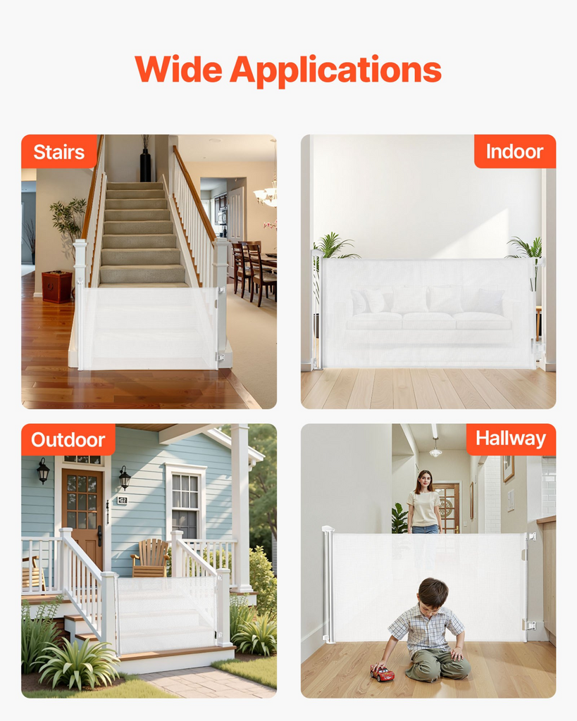 Glamorous Pups : VEVOR Retractable Baby & Pet Safety Gate | 56.3” Wide x 31.3” Tall Mesh Barrier with Security Lock – White