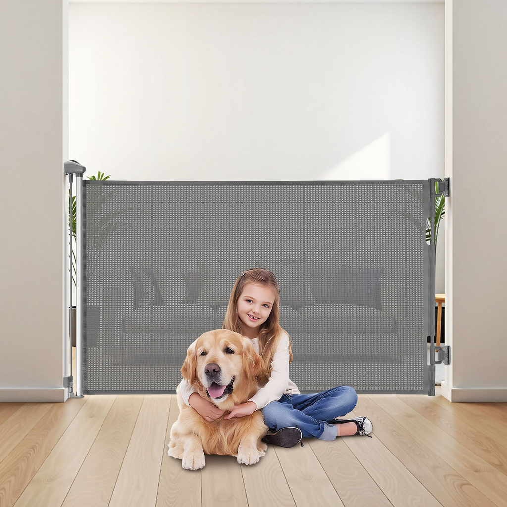 Glamorous Pups : VEVOR Retractable Baby & Pet Gate | 57” Wide x 38.5” Tall Safety Mesh Barrier with Lock – Easy Walk-Through, No-Trip Design for Stairs, Doorways & Outdoor Use (Gray)