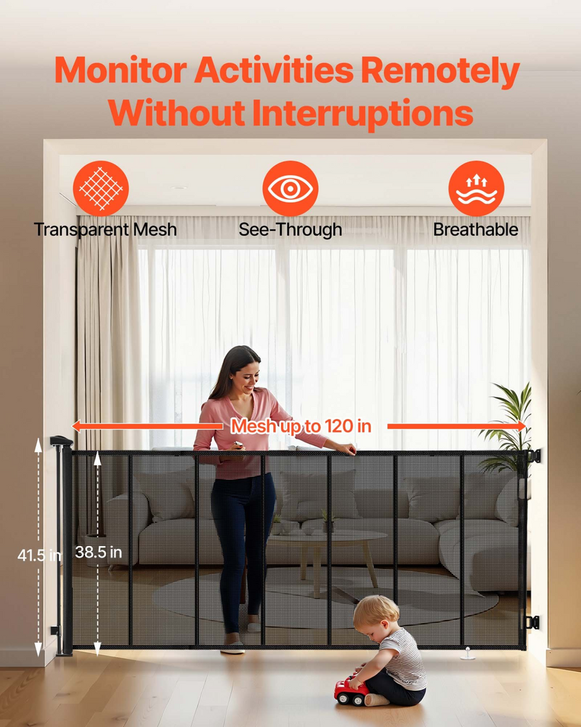 Glamorous Pups : VEVOR Retractable Baby & Pet Gate | 120” Extra-Wide Mesh Safety Gate with Reinforced Fiberglass Strips – 38.5” Tall, No-Trip Design for Doorways, Decks & Indoor Spaces (Black)