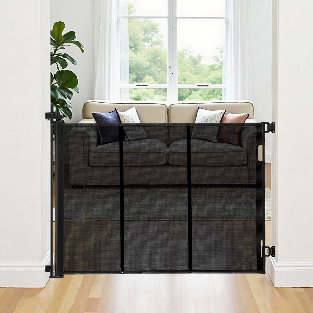 Glamorous Pups : VEVOR Retractable Baby & Pet Gate | 120” Extra-Wide Mesh Safety Gate with Reinforced Fiberglass Strips – 38.5” Tall, No-Trip Design for Doorways, Decks & Indoor Spaces (Black)