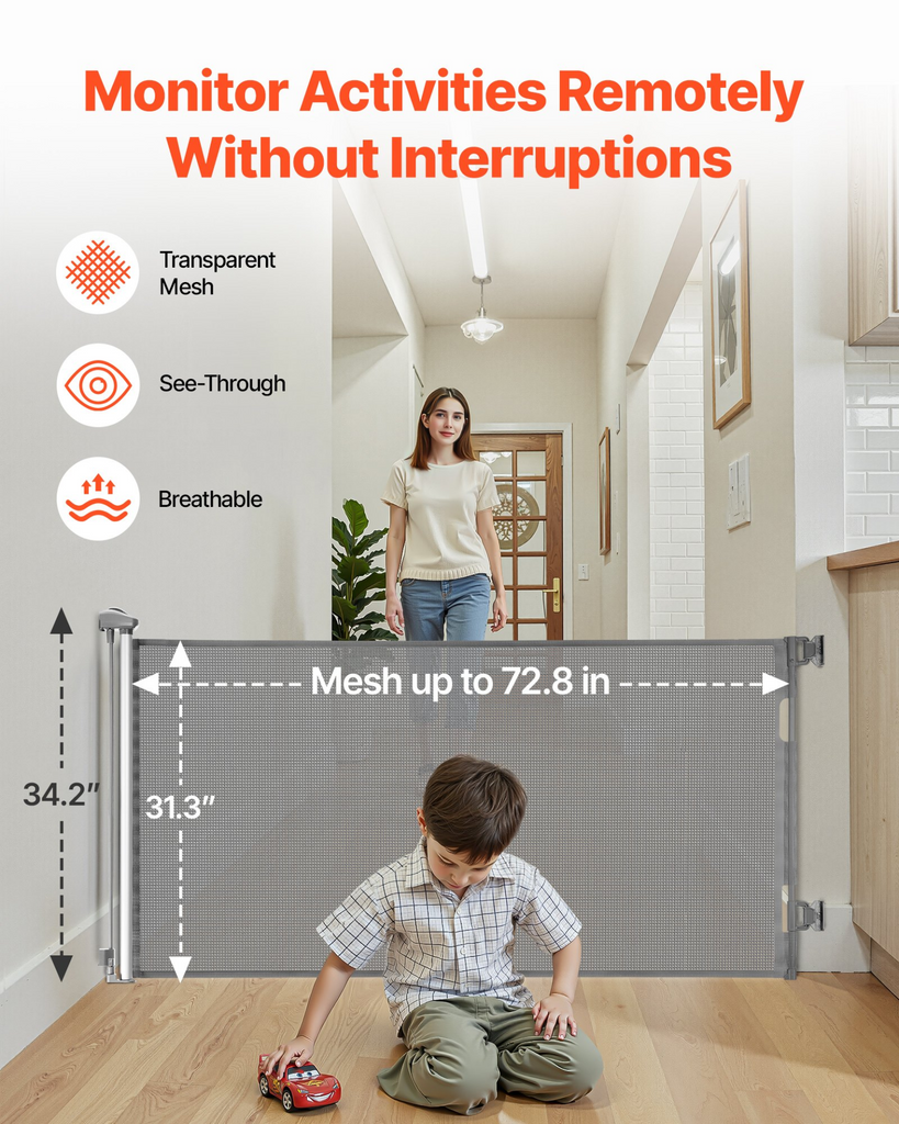 Glamorous Pups : VEVOR Retractable Baby & Pet Gate | 72.8” Wide x 31.3” Tall Mesh Safety Barrier with Security Lock – Gray